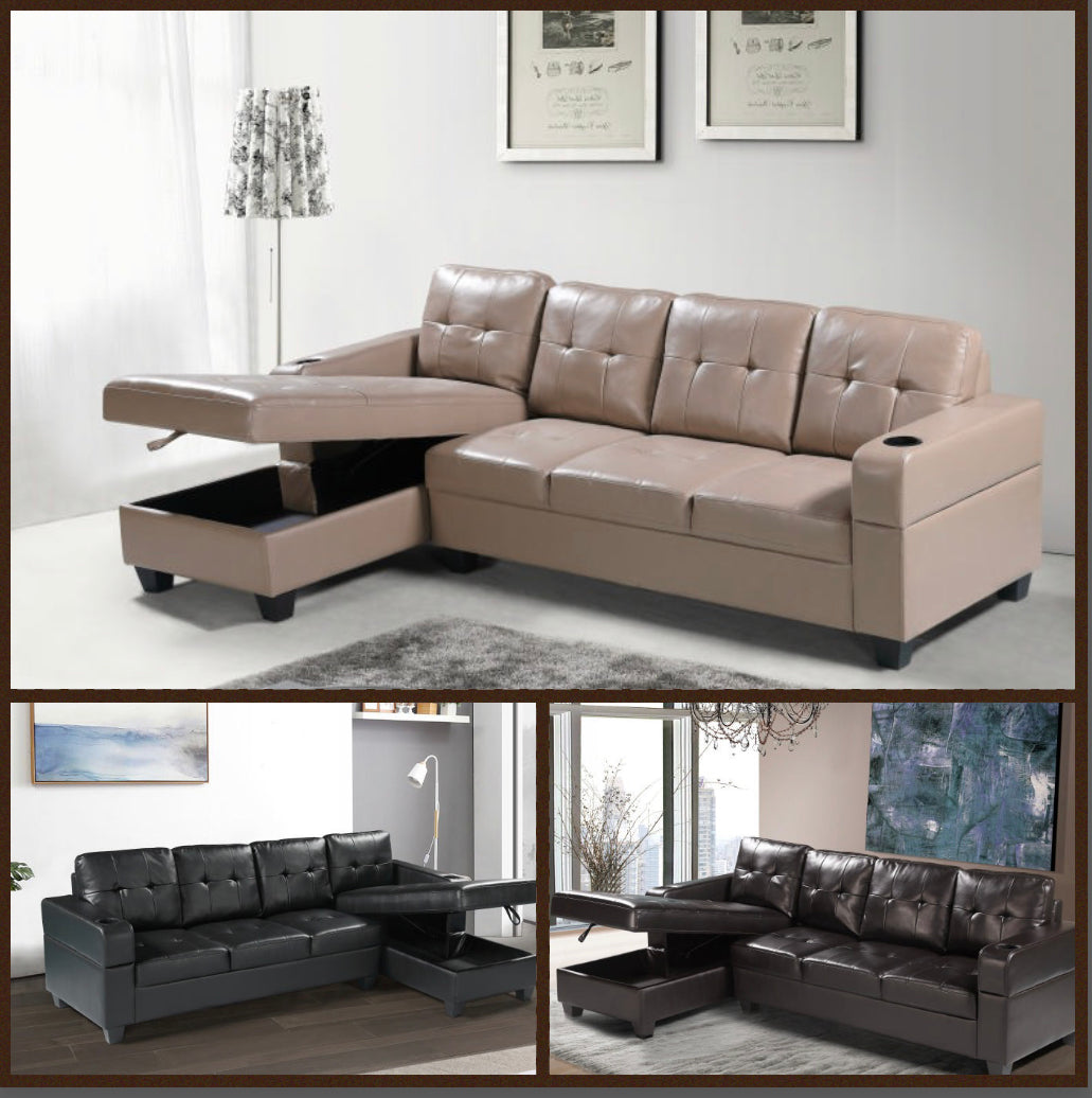 1839 Black Leather Sectional Sofa with storage chase