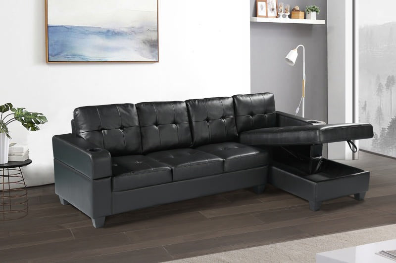 1839 Black Leather Sectional Sofa with storage chase