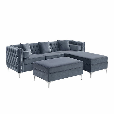 Cynthia Grey Velvet Upholstered Sectional Sofa with Ottoman