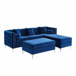 Cynthia Blue Velvet Upholstered Sectional Sofa with Ottoman