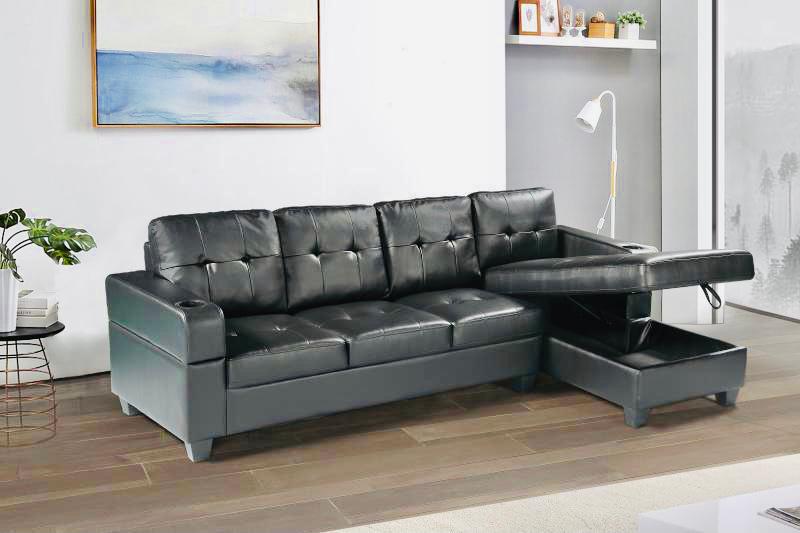 1839 Black Leather Sectional Sofa with storage chase