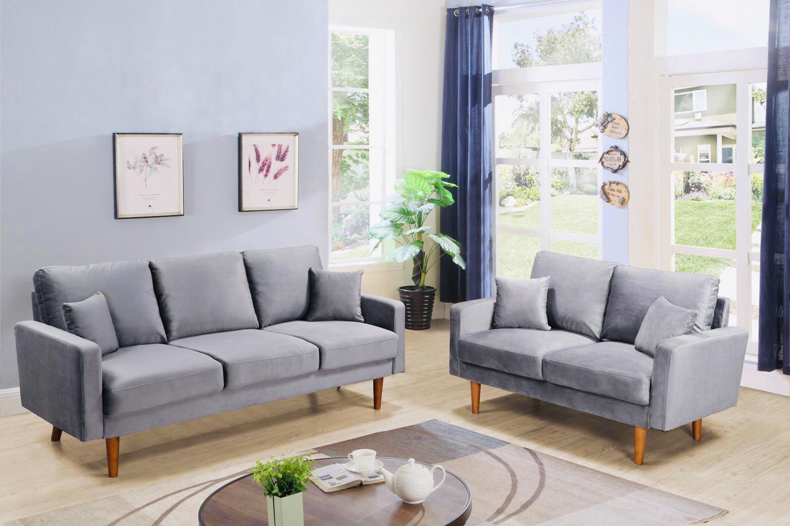 Cilla 2 Pc Grey Velvet Love-seat Sofa Seat