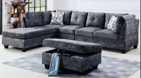 Snow Velvet Plush Sectional Sofa with FREE Storage Ottoman