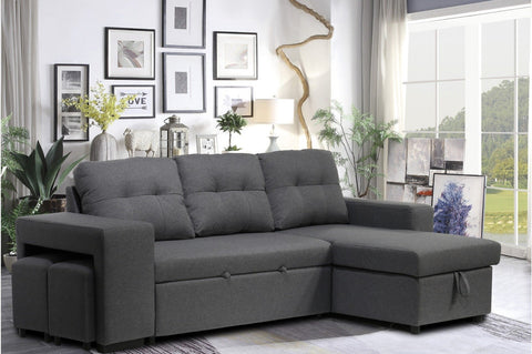 Victor Sectional Sofa Bed with Storage Chaise, 2 Ottomans & In-Built Book Shelf